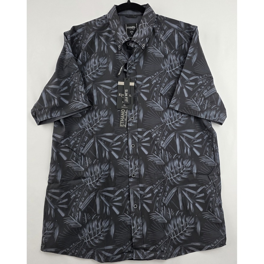 Alfani Tech Stretch Button Down Shirt Mens XL Slim Fit Black Gray Natural Print